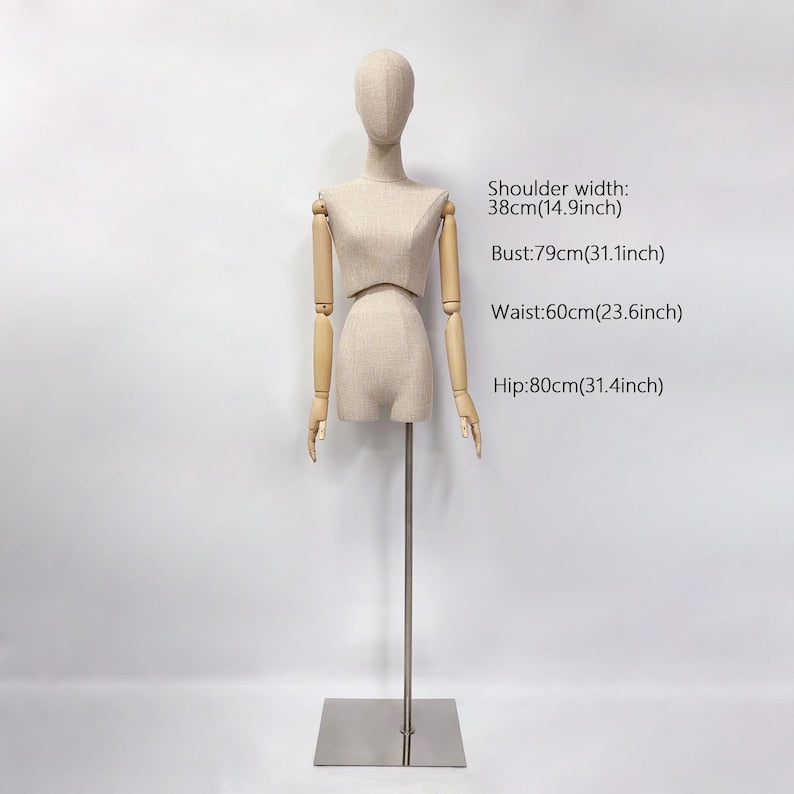 DELIANG Female Mannequin Torso with Thighs – Bamboo Linen Finish & Wooden Arms – Artistic Display Form