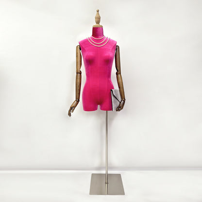 DE-LIANG female mannequin, plus size 10 and size 12 dress form for window display, customize velvet display model with wooden arms dummy