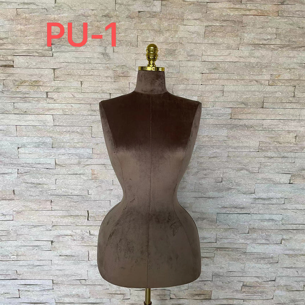 Deep mocha brown curvy female suede velvet half-body mannequin with gold stand