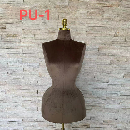 DE-LIANG curvy style female half body suede velvet linen display mannequin, slim waist dressform, big hip wide shoulder model, brown skin DE-LIANG