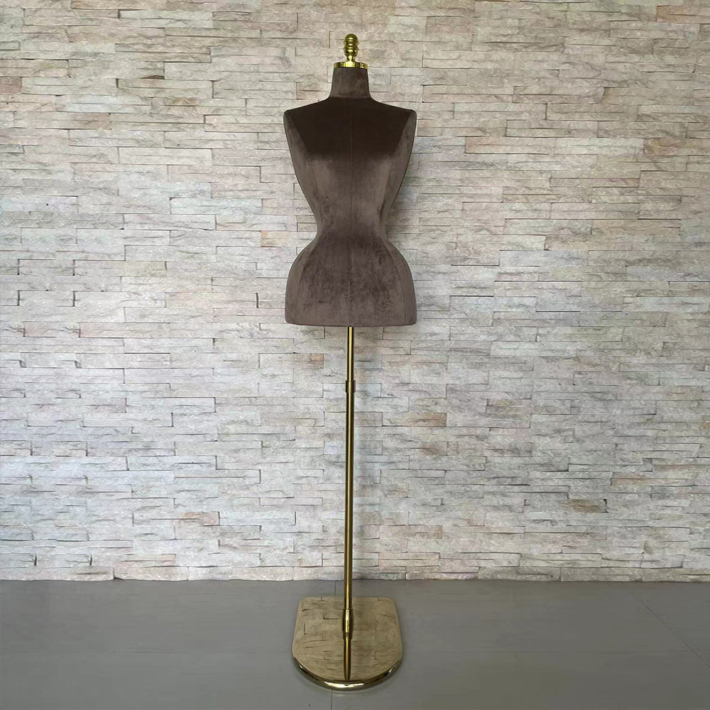 Curvy female suede velvet torso mannequin with hourglass waist and gold-tone stand
