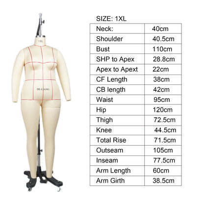 1XL Plus Size Dress Form Mannequin, Tailor Dressmaker Dummy with Leg and Collapsible shoulder, Fiberglass Model for Pattern Draping,Sewing By Sea