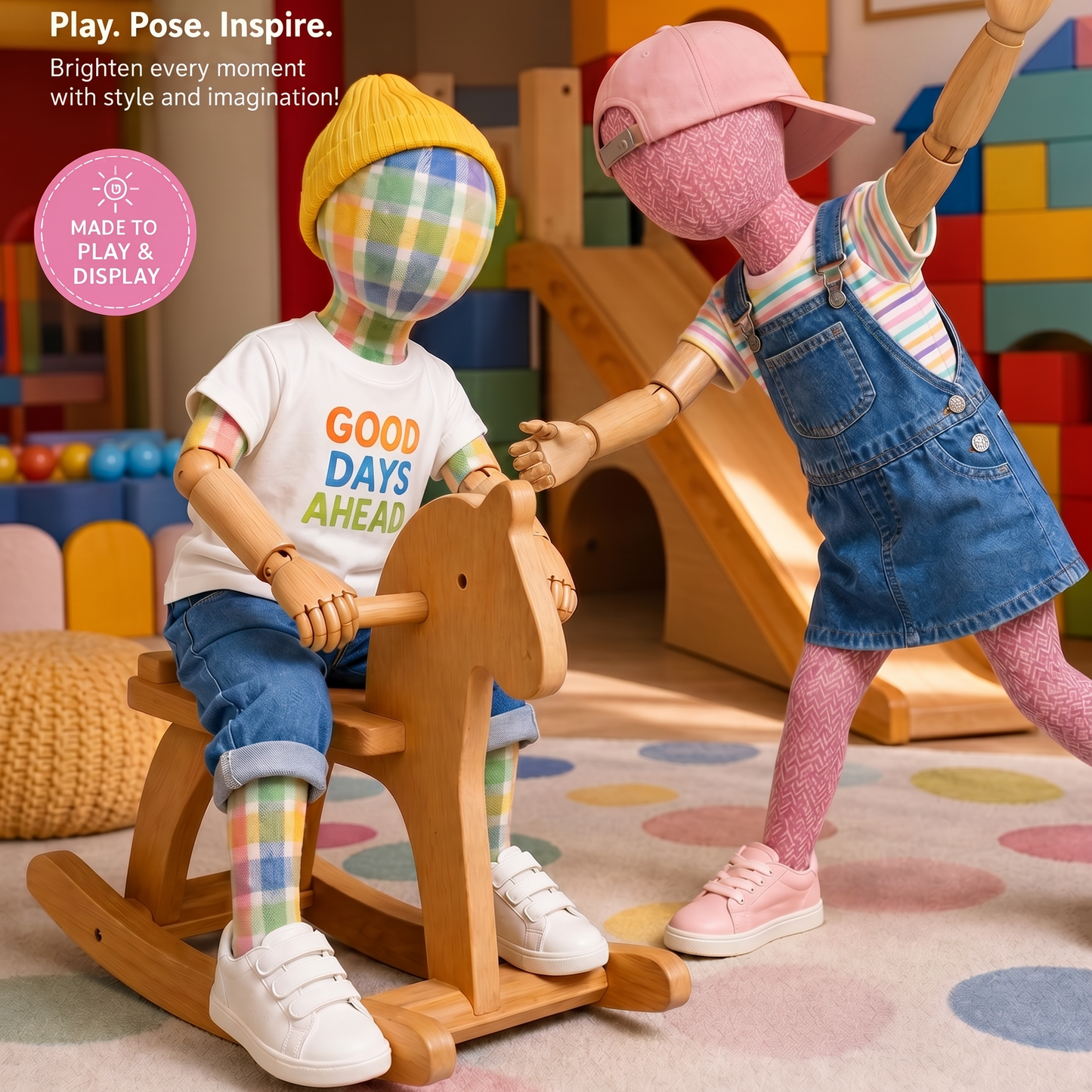 Shop Window Design Featuring Children's Mannequins Clad in Colorful Plaid Fabric