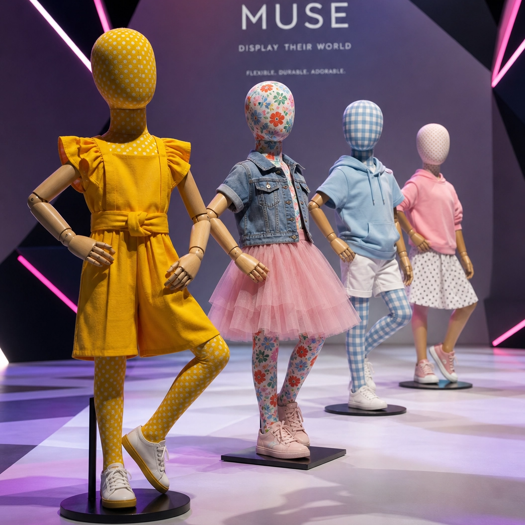 Window display vision of kids mannequins covered with colorful checkered fabric, a row of little girls in dresses