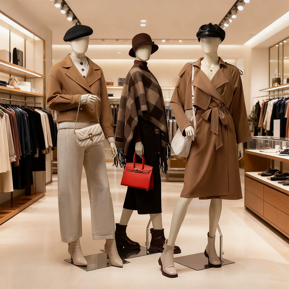 Three luxury apparel mannequins with autumn brown outfits in retail clothing store, female dress form display with trench coat, plaid shawl, handbags for boutique window merchandising