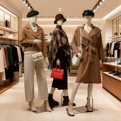 Three luxury apparel mannequins with autumn brown outfits in retail clothing store, female dress form display with trench coat, plaid shawl, handbags for boutique window merchandising