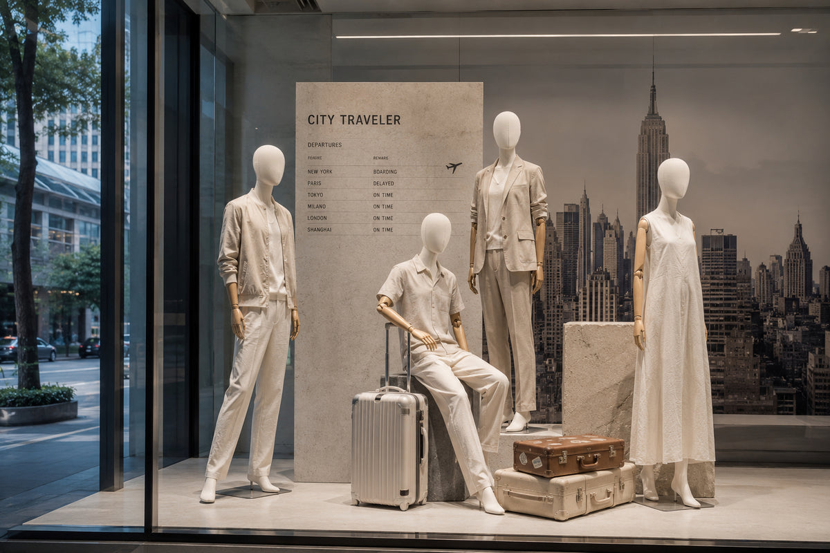 DE-LIANG premium fabric-covered mannequins with ivory linen heads and articulated wooden arms, styled in neutral outfits for a luxury fashion window display.