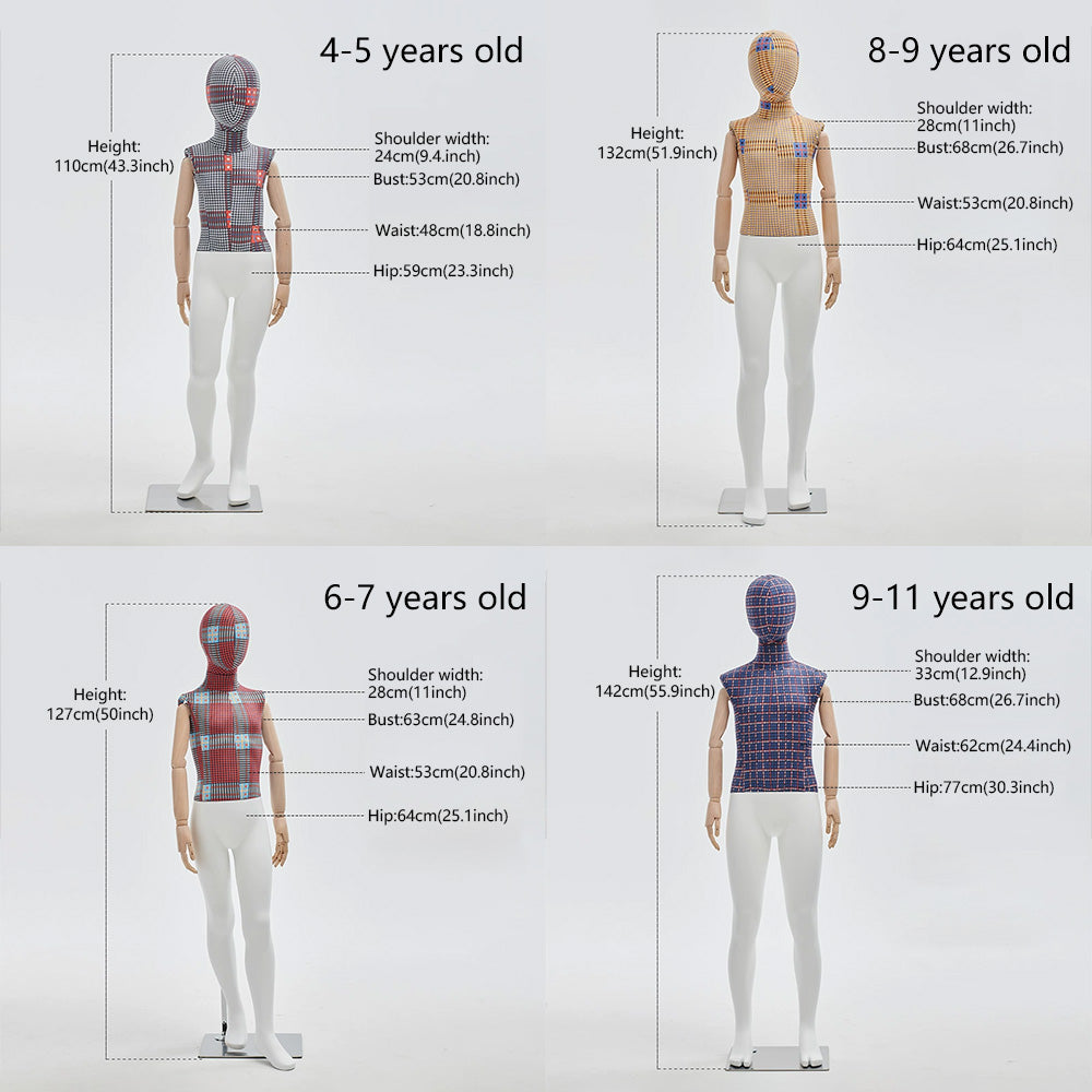 DE-LIANG Checkered Full Body Child Mannequin,Patterned Fabric Kids Display Form with Wooden Arms & Spray-Painted White Lower Body for Boutique Window Display