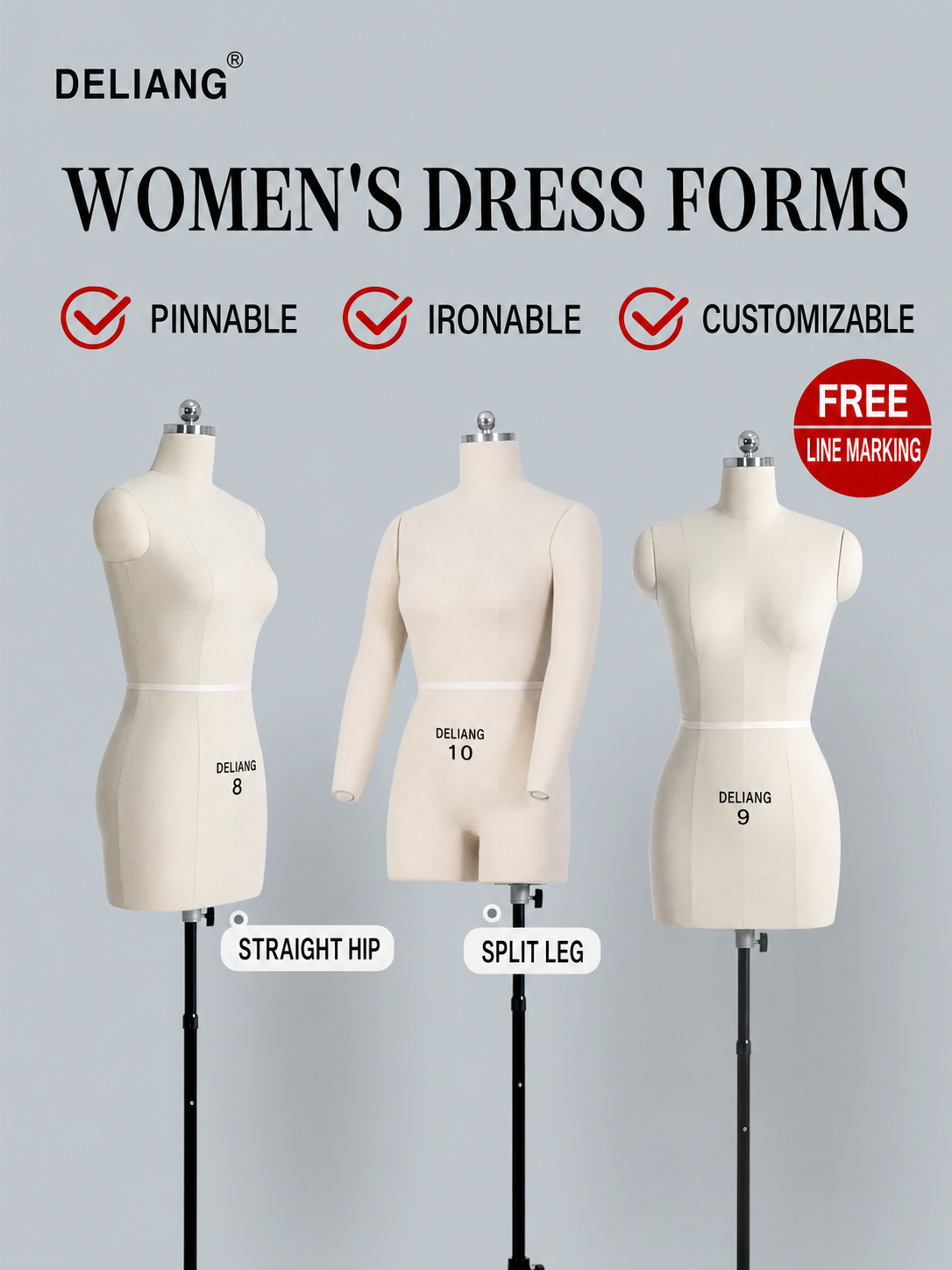 DE-LIANG Professional Female Dress Form - Half Body Pinnable Sewing Mannequin for Draping & Pattern Making With Base