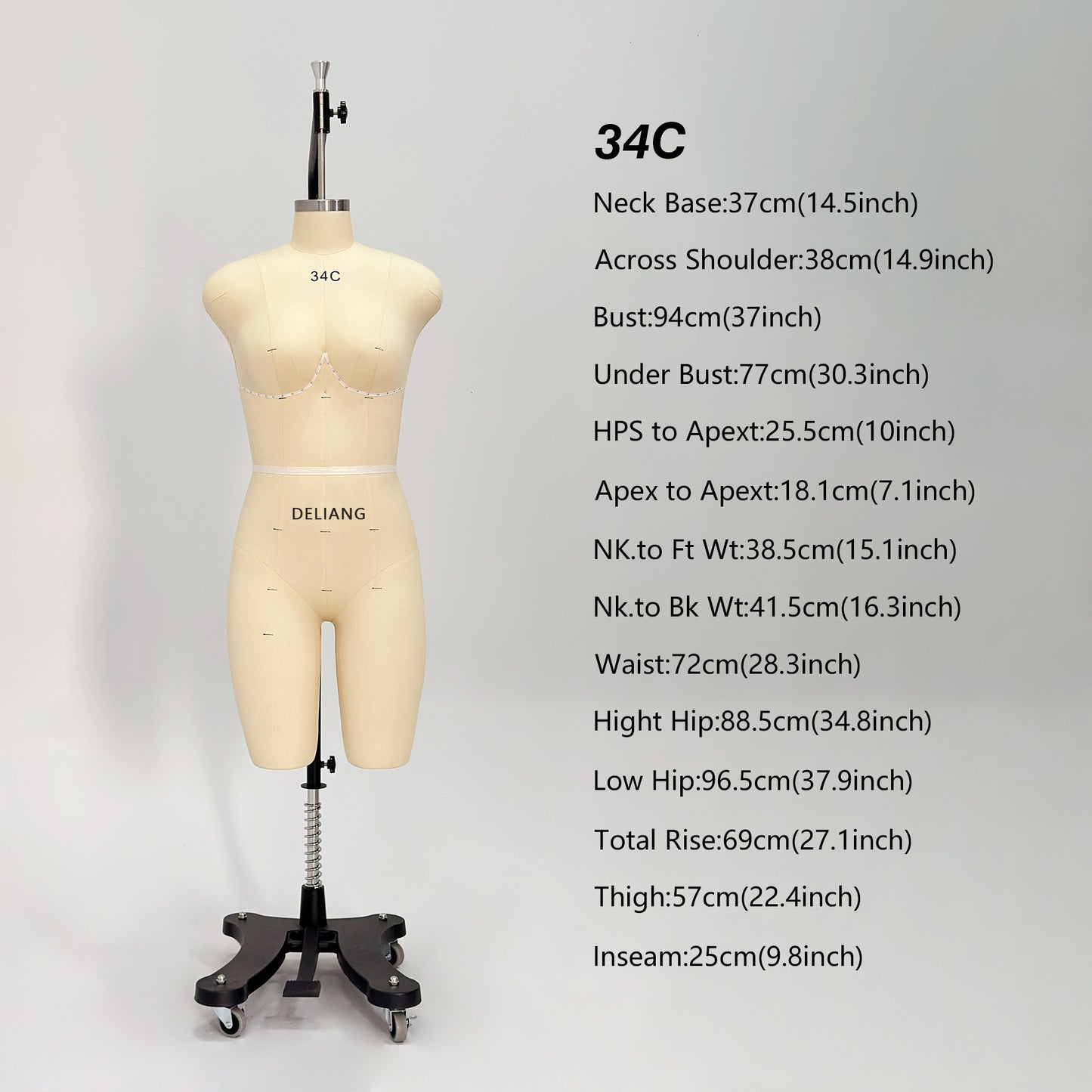 DE-LIANG Professional 34C Female Dress Form with Marking Lines – Fiberglass Tailor Dummy for Draping (Torso Only)