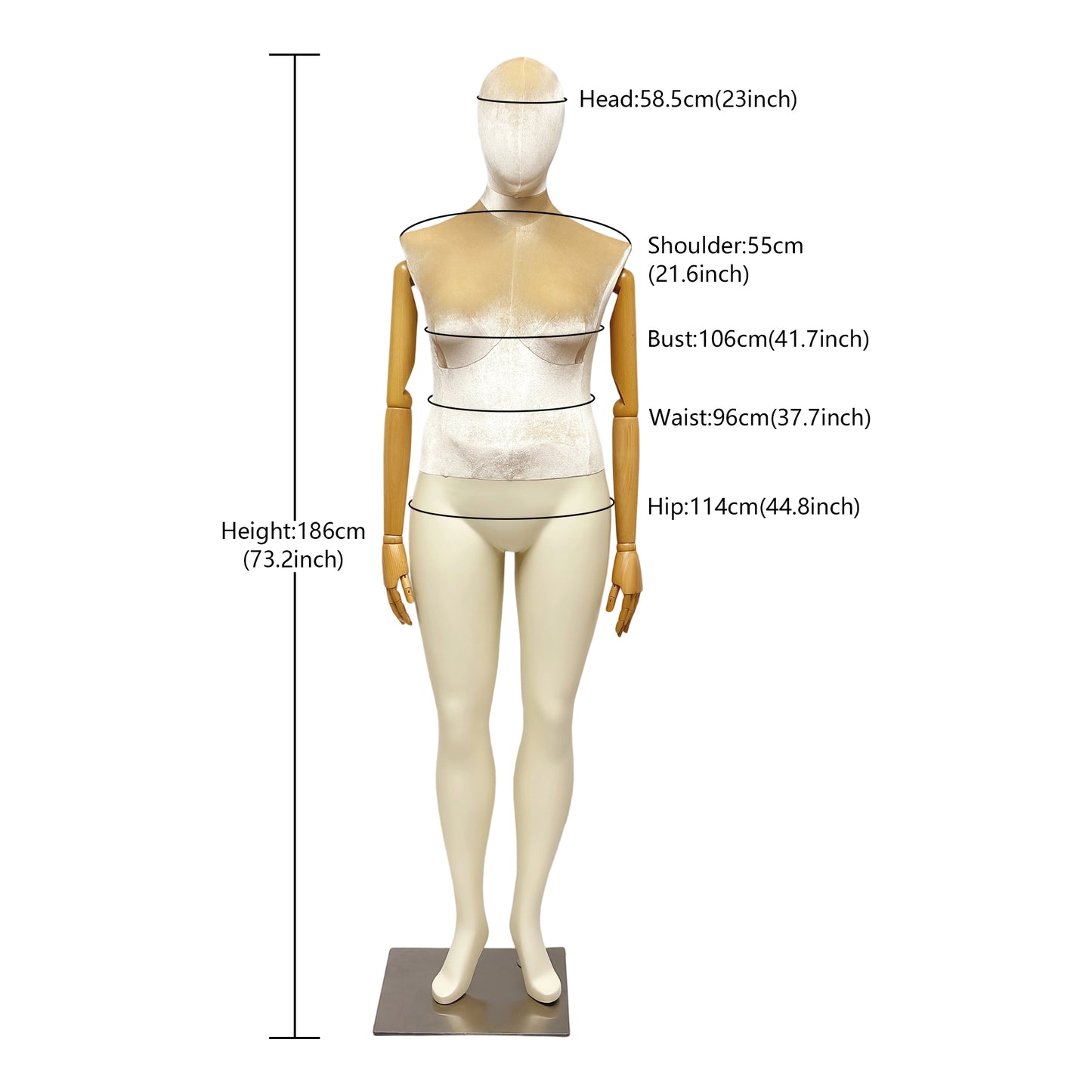 DE-LIANG Elegant Plus Size Female Mannequin with Wood Arms,Upper Velvet Body and Painted Legs,Women Dress Form,Window Display Troso with Silver Base