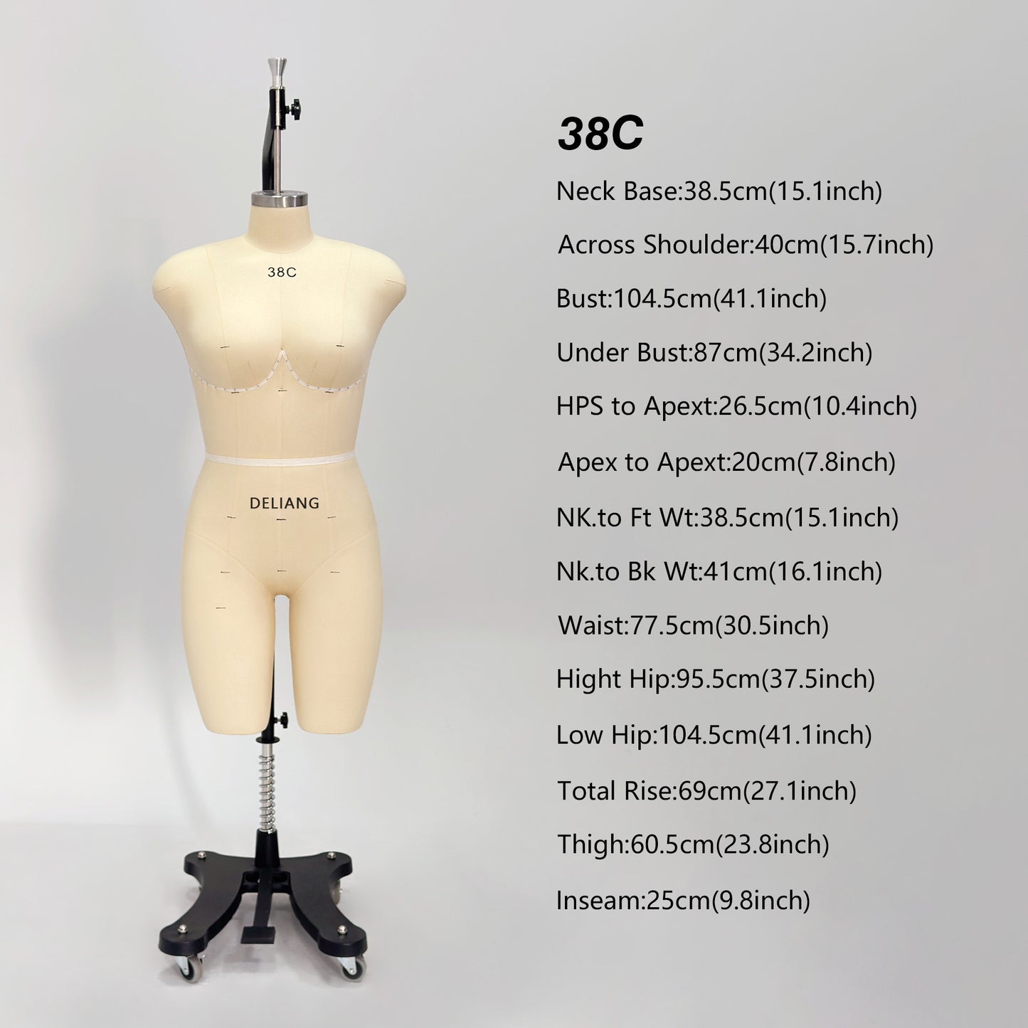 DE-LIANG Professional 38C Female Dress Form with Marking Lines – Fiberglass Tailor Dummy for Draping (Torso Only)