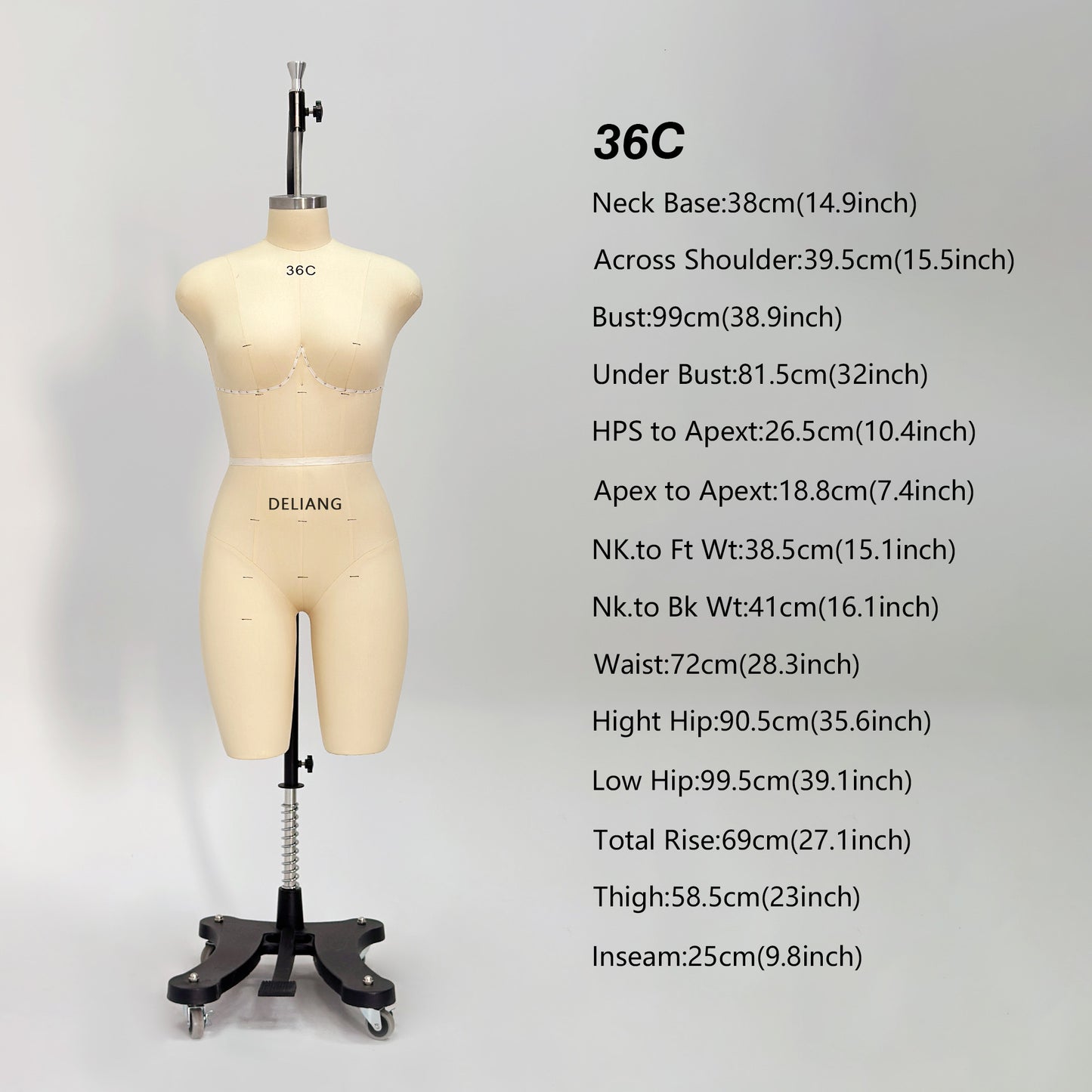 DE-LIANG Professional 36C Female Dress Form with Marking Lines – Fiberglass Tailor Dummy for Draping (Torso Only)