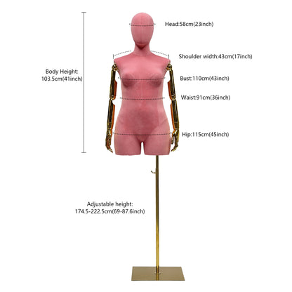 DE-LIANG Maniquí femenino de lujo de talla grande con brazos dorados, maniquí de torso de gamuza rosa, modelo de exhibición de torso de maniquí de talla grande