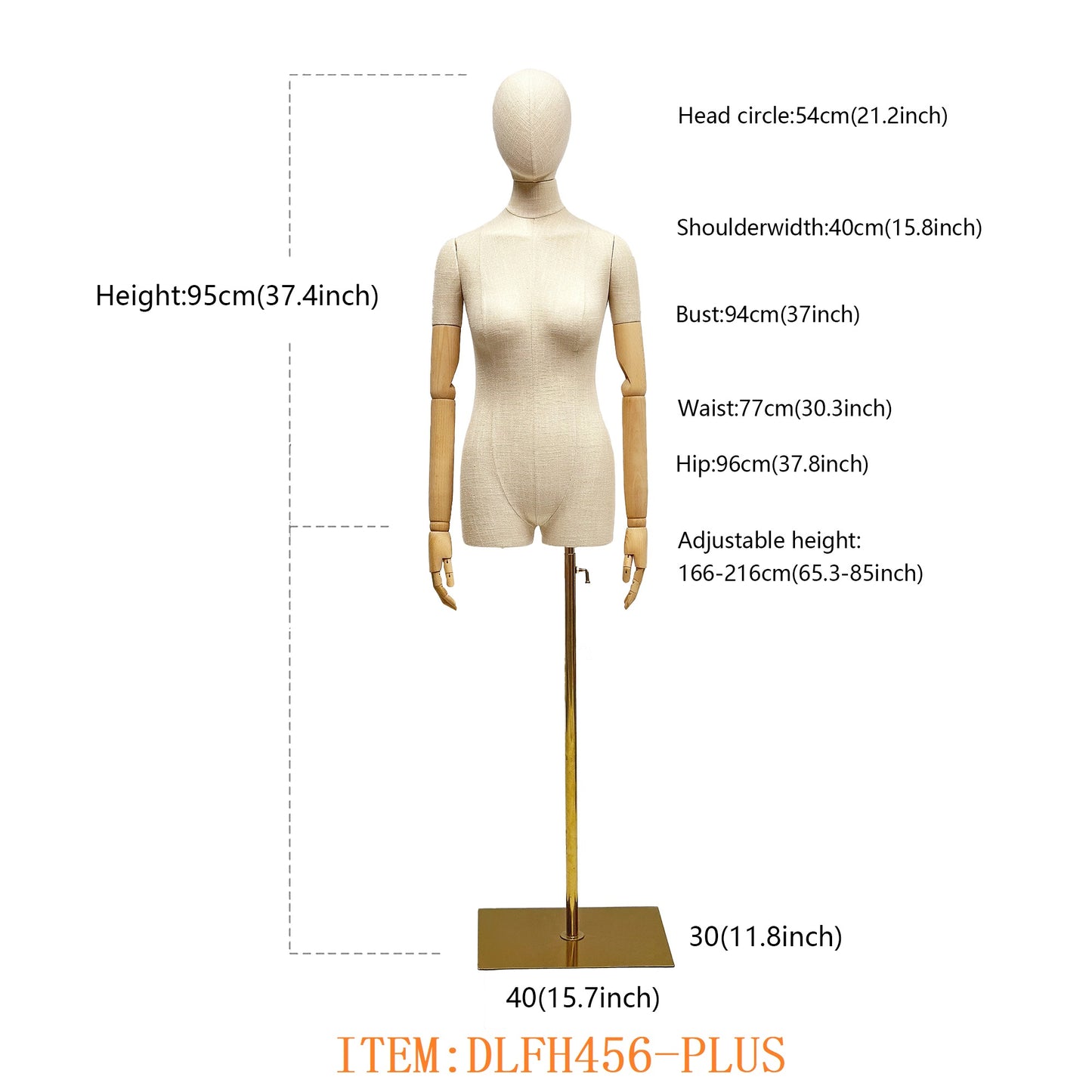 Maniquí femenino de lino de talla grande, totalmente sujetable con alfileres, forma de busto de tela, torso de medio cuerpo, forma de vestido con brazos de madera, base dorada.