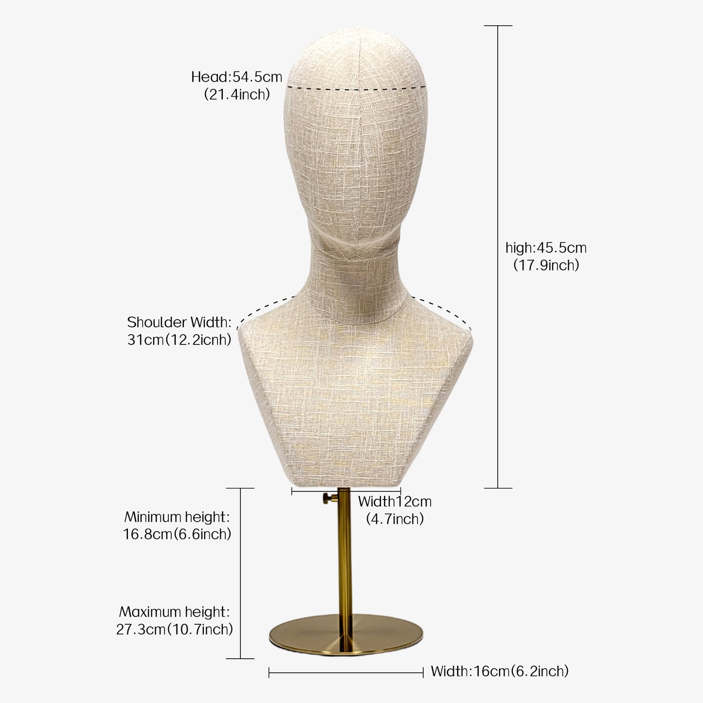 DE-LIANG Fully Pinnable Linen Mannequin Head Form,Bamboo linen Display Manikin Head Stand With Golden Round Base, Detachable Adjustable Heigh Pole