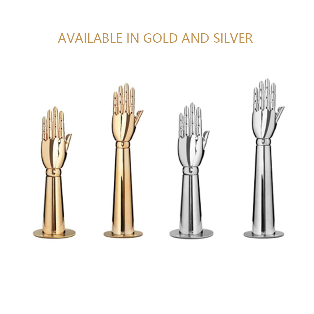 Gold and chrome silver jewelry display hand stands in 36 cm and 46 cm sizes
