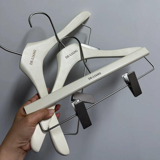 DE-LIANG | Beech Wood Clothes Hangers | Milk White Finish | Custom Logo | Bulk 50pcs