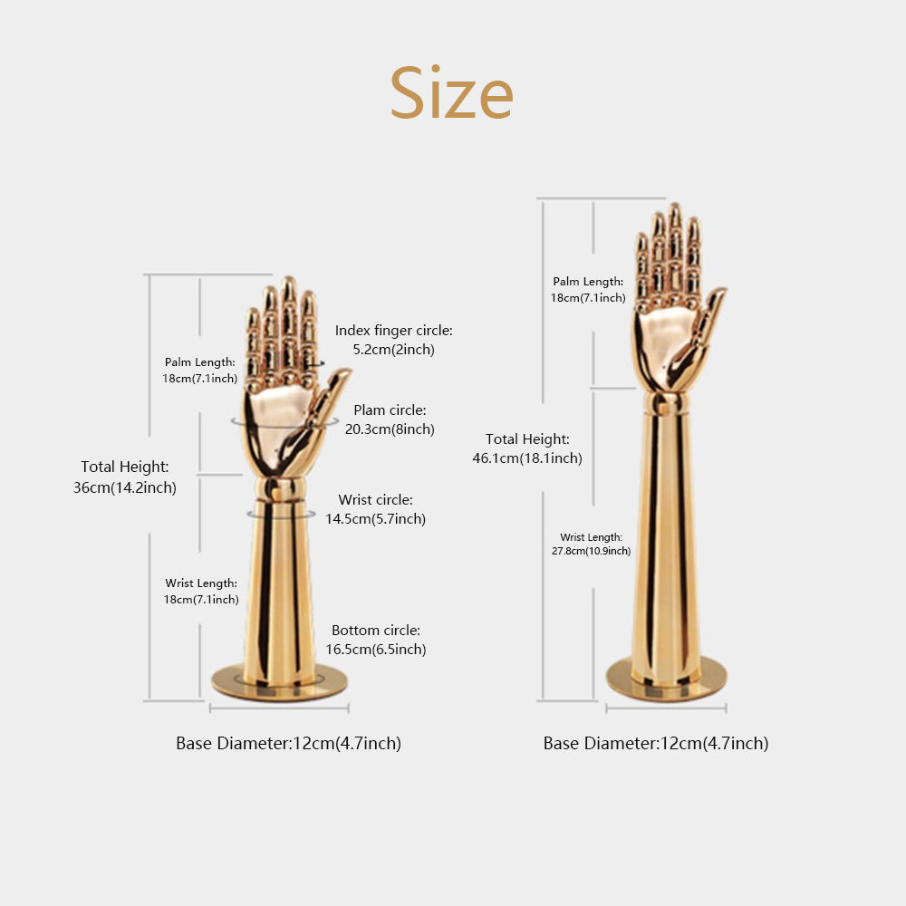 Size chart of 36 cm and 46.1 cm gold mannequin hand display stands with measurements