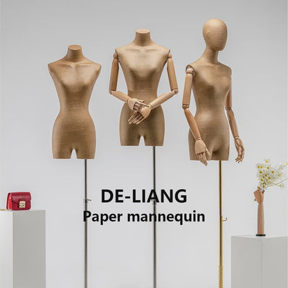 Maniquí de medio cuerpo femenino, soporte para exhibición de ropa, maniquí de papel con torso, brazos y base de madera para exhibición de ropa/vestidos.