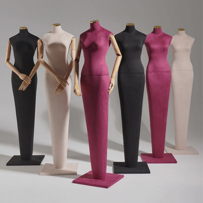 DE-LIANG Luxury Suede Female Mannequin with Articulated Wooden Arms - Modern Tapered Column Base for High-End Boutique & Couture Display