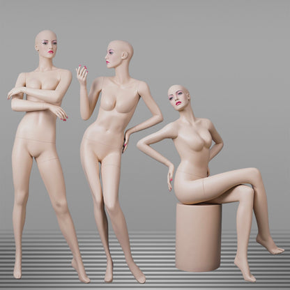 DE-LIANG Realistic Female Full Body Mannequin with Makeup Face, Nude Fiberglass Dress Form Display for Clothing Store & Boutique Window
