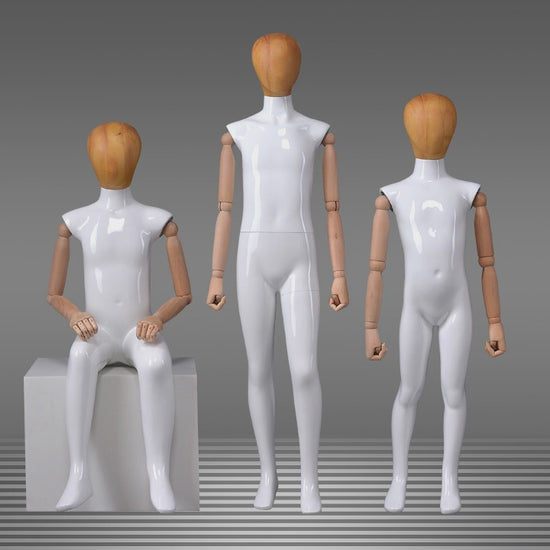White Full Body Childs Mannequin with Wooden Arms & Head