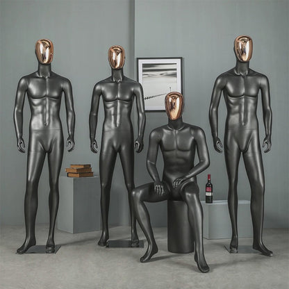 Male Full Body Painting Mannequin, Adult Men Fiberglass Display Mannequin Black White Matt Finish with Golden Face Half Face/Full Gold Head