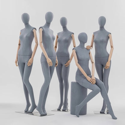 Grey Suede Female Full Body Mannequin with Wooden Arms