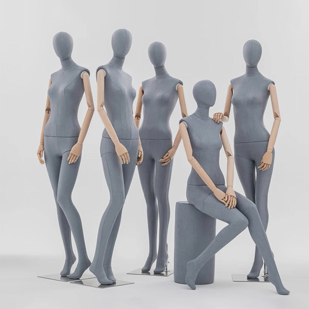 Grey Suede Female Full Body Mannequin with Wooden Arms