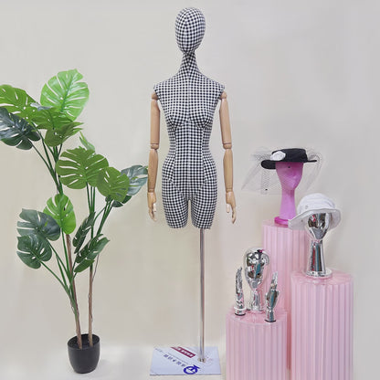 Elegant Female Display Mannequin – Half Body Dress Form with Long Neck,Female Half body mannequin, Plaid Linen Fabric, and Wooden Arms for Fashion Displays