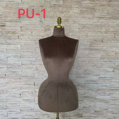 DE-LIANG curvy style female half body suede velvet linen display mannequin, slim waist dressform, big hip wide shoulder model, brown skin