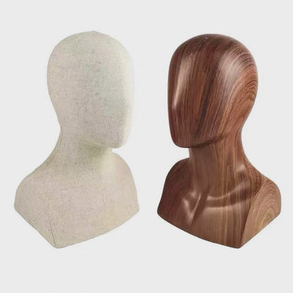 DE-LIANG Linen & Wooden Head Model Display Stand — Jewelry, Wig & Hat Display Mannequin Head | Boutique Countertop Mannequin Bust for Necklaces, Hats, Wigs & Accessories