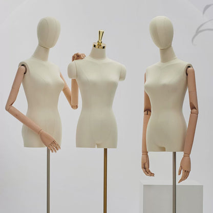 Natural Beige Female Half Body Mannequin With Adjustable Gold Square Base and Wooden Arms,Golden Head Cover Female Mannequin Dress Form DL0071