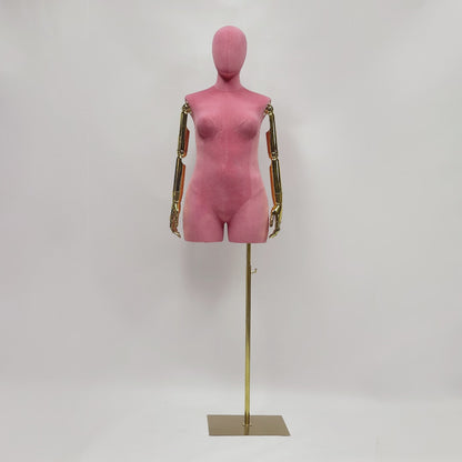 DE-LIANG Maniquí femenino de lujo de talla grande con brazos dorados, maniquí de torso de gamuza rosa, modelo de exhibición de torso de maniquí de talla grande