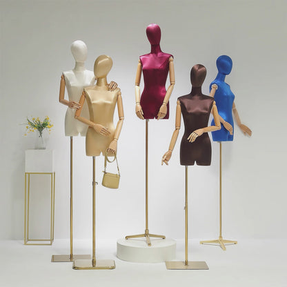 DE-LIANG Maniquí de medio cuerpo femenino, torso de maniquí adulto teñido, maniquí de seda ajustable para mujer, accesorios para modelos de ropa, maniquí de exhibición para dama con brazo de madera