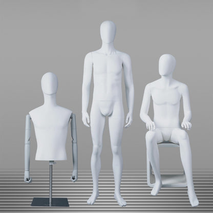 DE-LIANG Male Full & Half Body Mannequin Set | White Fiberglass Dress Form Display with Adjustable Wooden Arms | Standing & Sitting Male Mannequin for Clothing Store Window Display