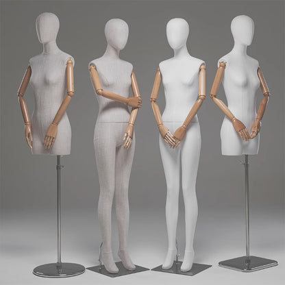 DE-LIANG Female Full / Half Body Mannequin with Adjustable Wooden Arms,Dress Form Display Torso with Metal Stand,Linen & White Finish Display Mannequins for Clothing Store