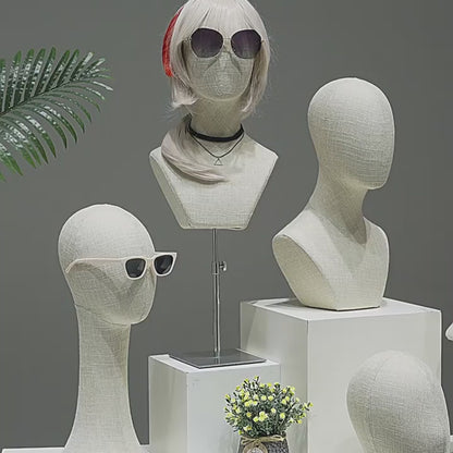 DE-LIANG Fully Pinnable Linen Mannequins Head,Bamboo linen Display Manikin Head Stand With Golden Round Base, Detachable Adjustable Heigh Pole