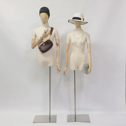 Luxury Female Male Dress Form, Linen Display Mannequin with Wooden Head Model for Fashion Cloth Dressmaker Dummy. Square Silver Base