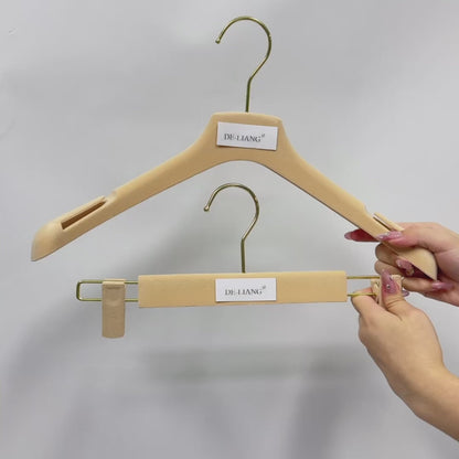 DE-LIANG Beige Velvet hanger/trouser hanger, hollow shoulder anti-slip design,Evening Dress Hanger with Customize Logo,50pcs/Ctns For Sales