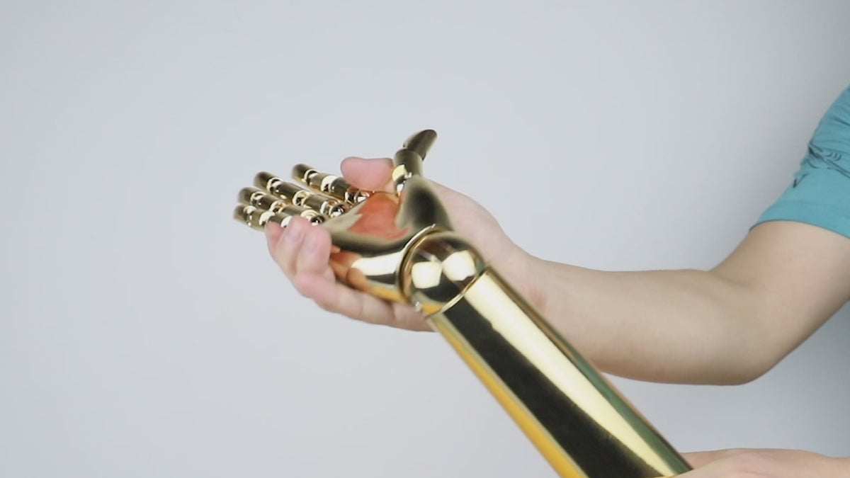 Four gold and chrome silver electroplated mannequin hand display stands with round bases- Product demonstration and installation videos