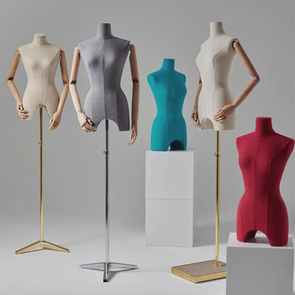 DE-LIANG Maniquí de cuerpo entero, modelo de exhibición de tela de terciopelo para mujer, hombre y niño con brazos de madera, maniquí de torso para vestidos, ropa, maniquí, conjunto de maniquíes familiares
