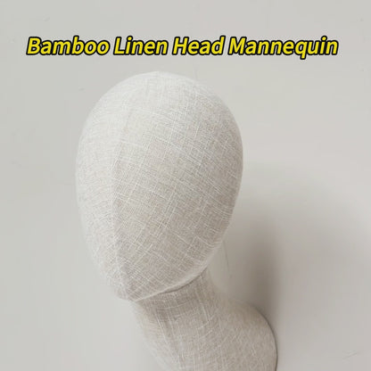 DE-LIANG Long Neck Wall Mount Mannequin Head in Bamboo Linen Fabric, Beige Foam Display Head with Hinge and Screws for Hats Wigs Scarves Jewelry