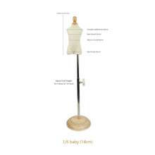 Load image into Gallery viewer, DE-LIANG Mini Baby Dress Form,1:6 Scale Size Sewing Display Mannequin Form Fully Pinable, 1/6 Foam Flexible Dressmaker Pattern Dress form with Base
