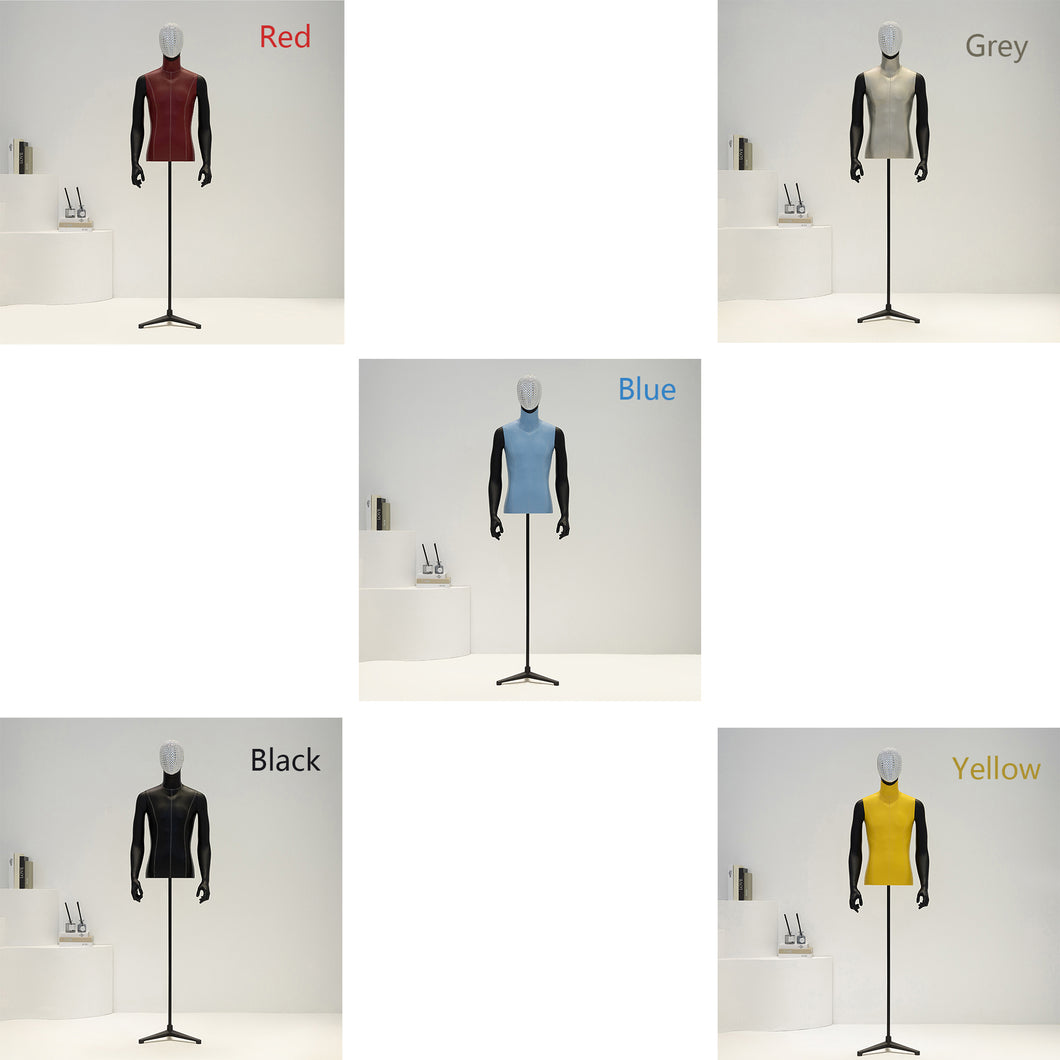 Adult Men PU Leather Torso Dress Form , Brown Fabric Mannequin,Adjustable Male Half Body Model for Window Display,with Black Triangular base