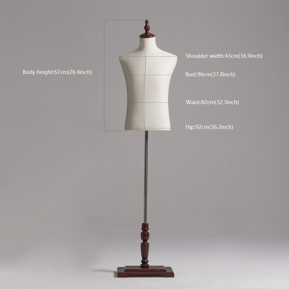 a white mannequin on a wooden stand with measurements