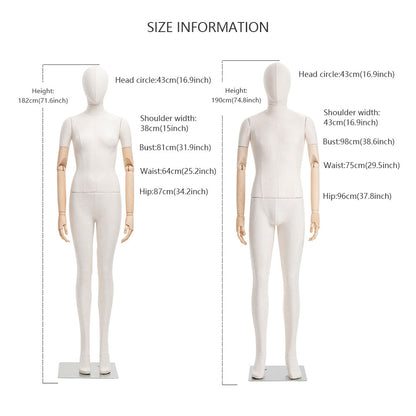 DE-LIANG Female Male Full Body Dress Form Mannequin, Display Model with Fade Wood Head, Adult Cloth Dummy with Wooden Arms, Upper Manikin for Wig DeLiangDressForms