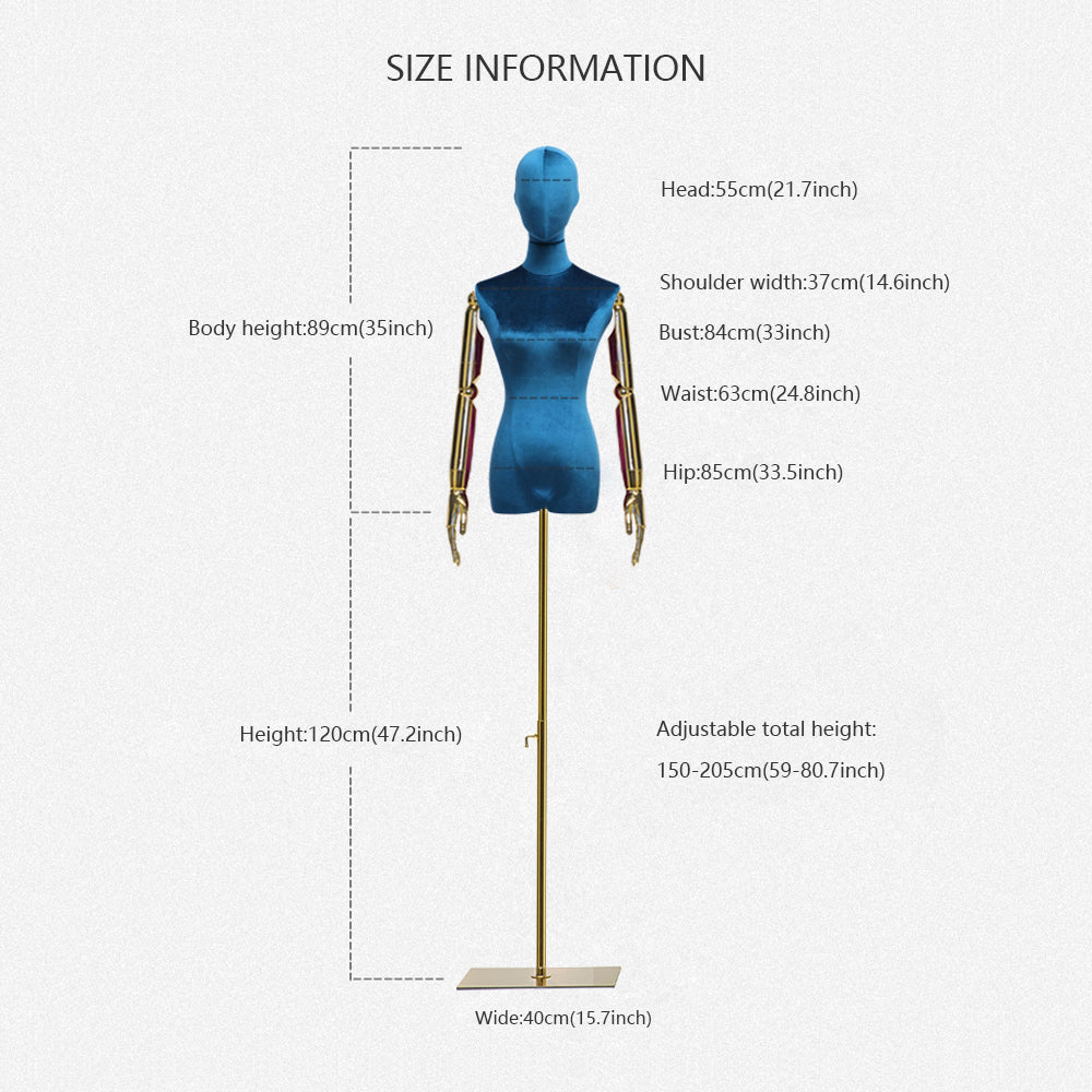 DE-LIANG Adjustable Height Velvet Female Mannequin,Half Body Model with Plated Golden Arms,Adult Women Torso Dress Form for Window Clothes Display