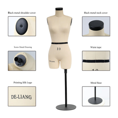 DE-LIANG Professional Size 10 Half scale dress form with soft arms, female scale dressmaker dummy design,education pattern model, NOT ADULT FULL SIZE DE-LIANG